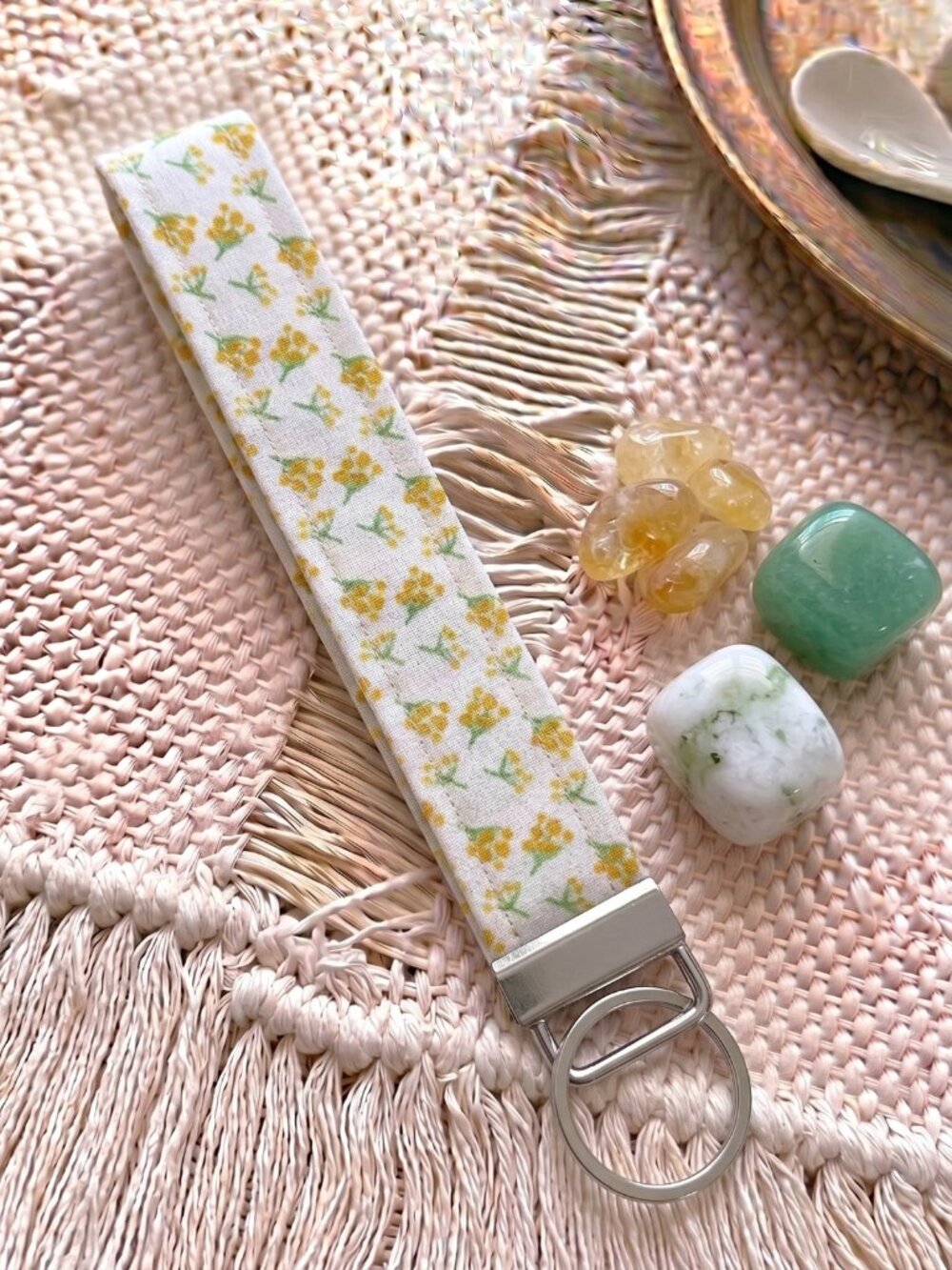 New Handmade Yellow Wildflower Ditsy Floral Fabric Key Fob Wristlet Keychain